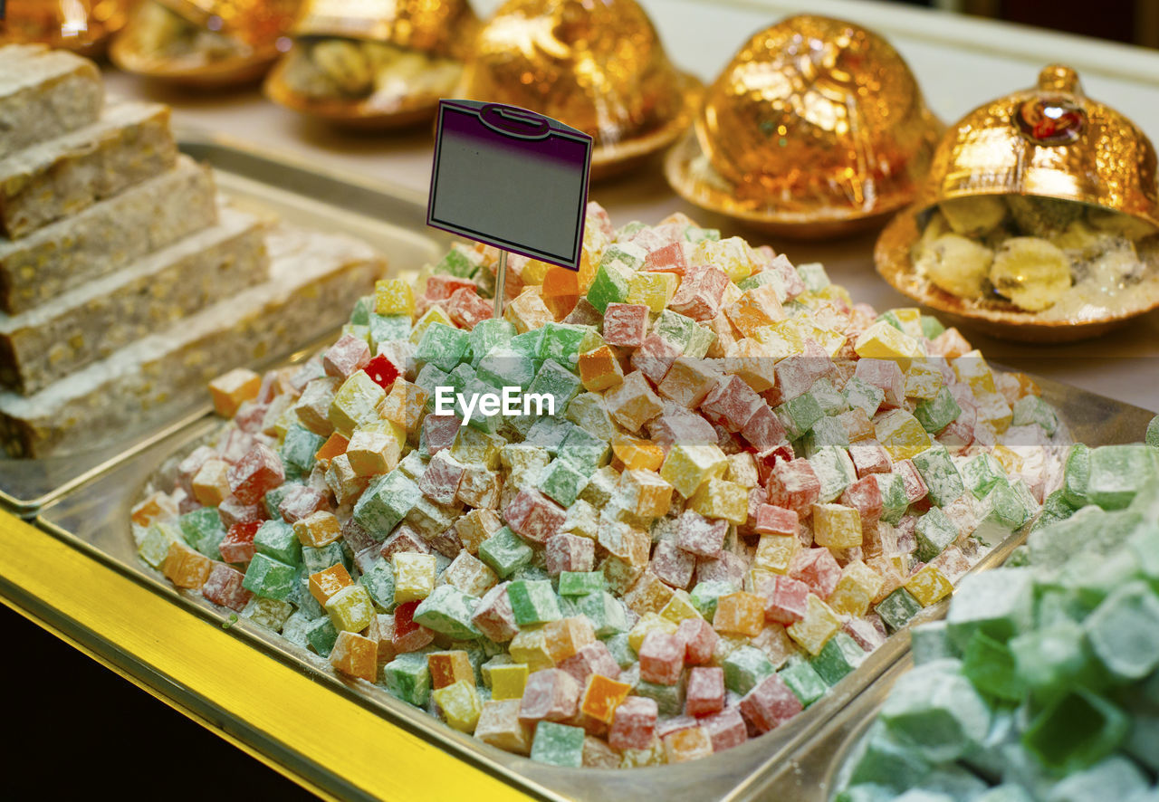 High angle view of colorful candies at store for sale