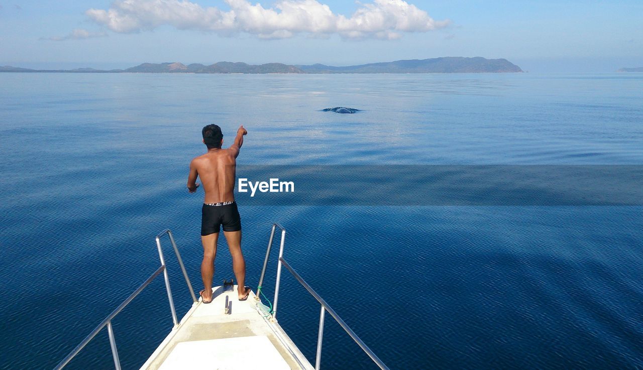 Rear view of a man overlooking calm blue sea