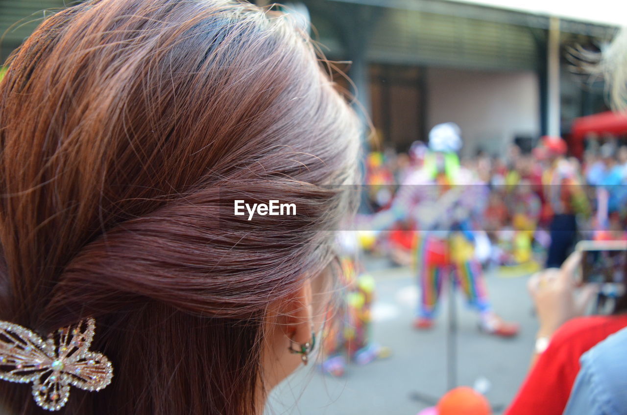 Rear view of woman wearing hair clip