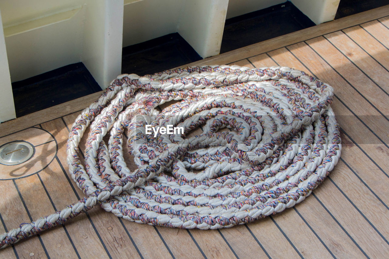 High angle view of rope on table 