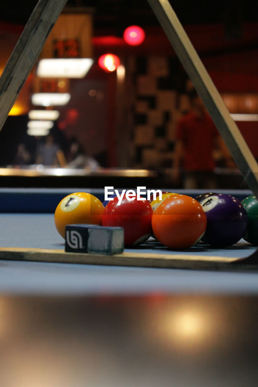 Close-up of pool balls on table