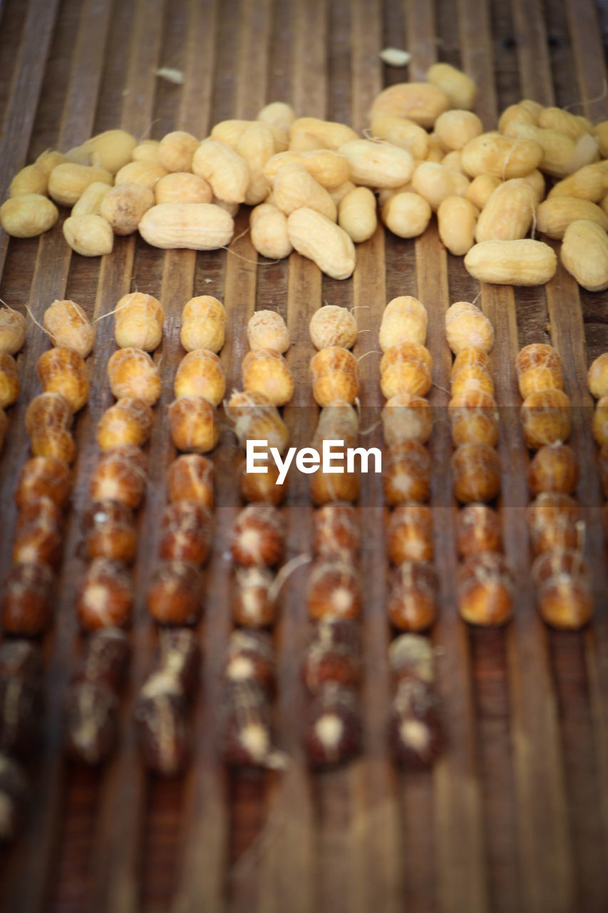 High angle view of peanuts on table