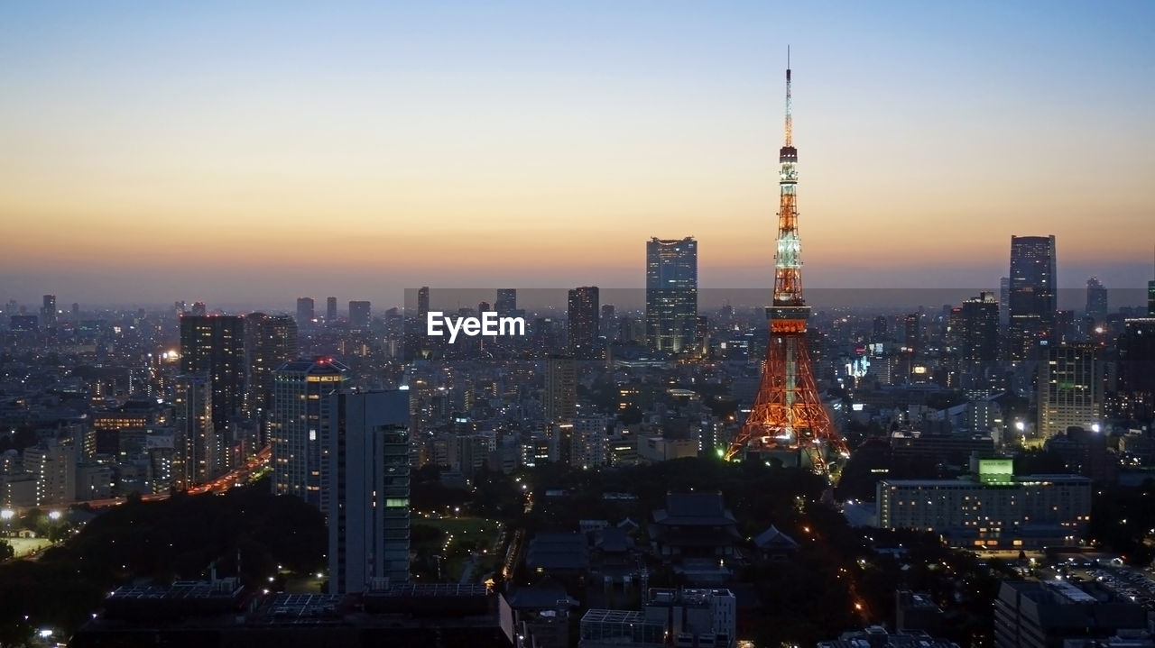 City skyline at sunset