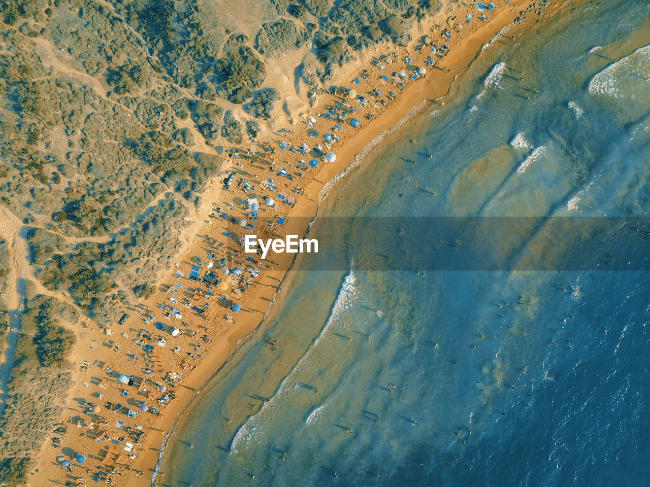 Aerial view of people sitting on a sandy beach. summer colors. 