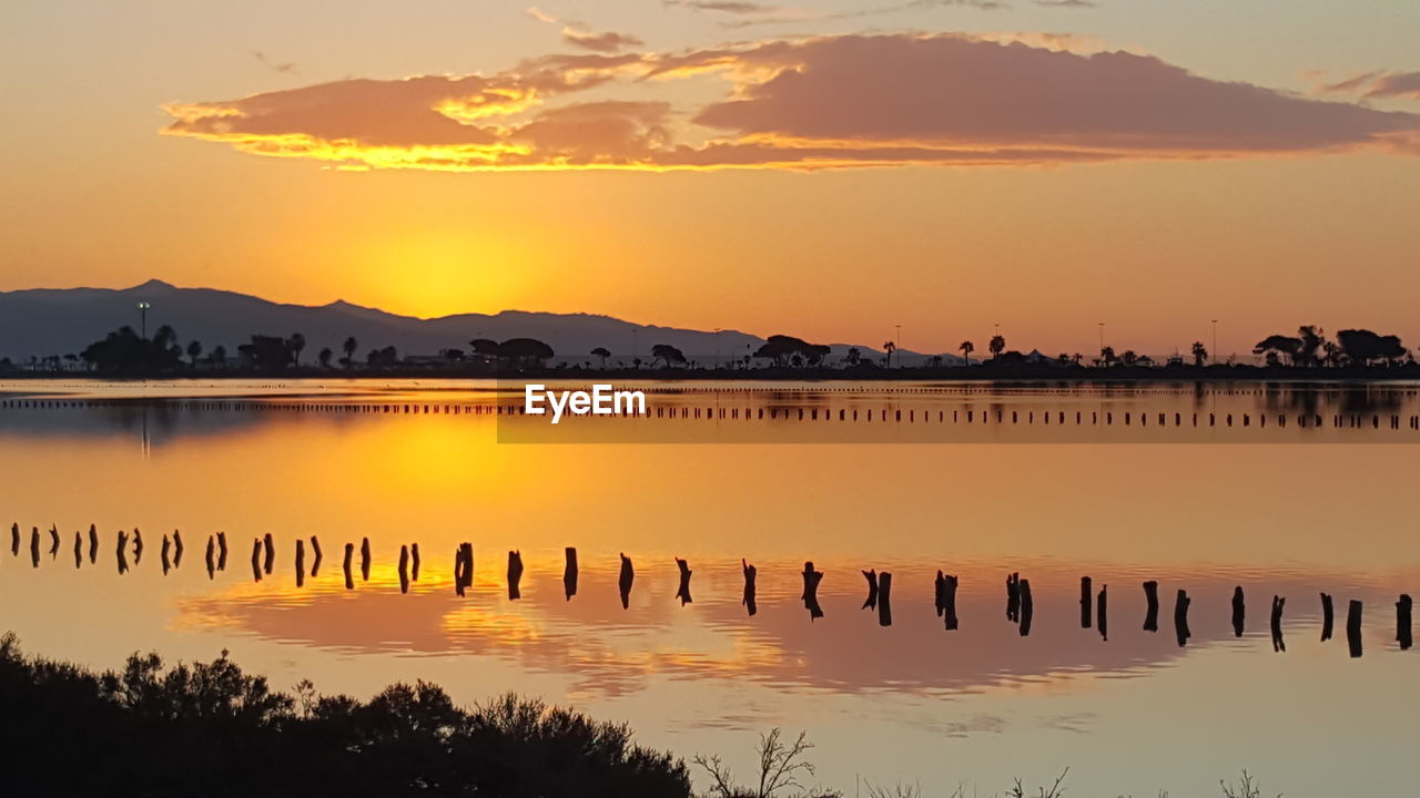 Scenic view of lake against sky during sunset