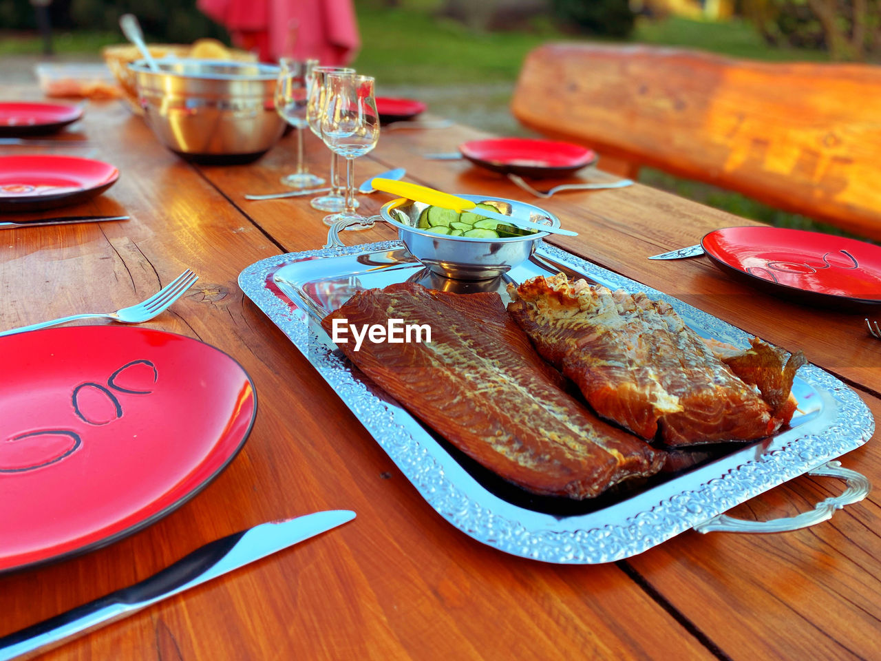 High angle view of fish on table