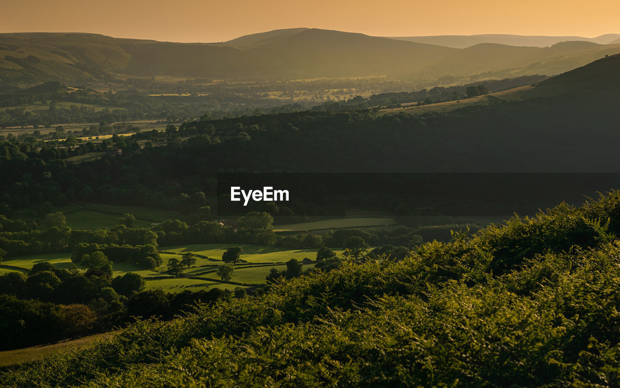 High angle view of landscape against sky during sunset