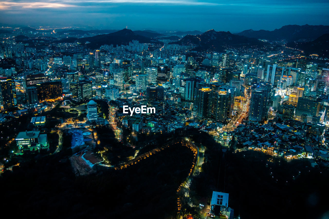 High angle view of cityscape at night