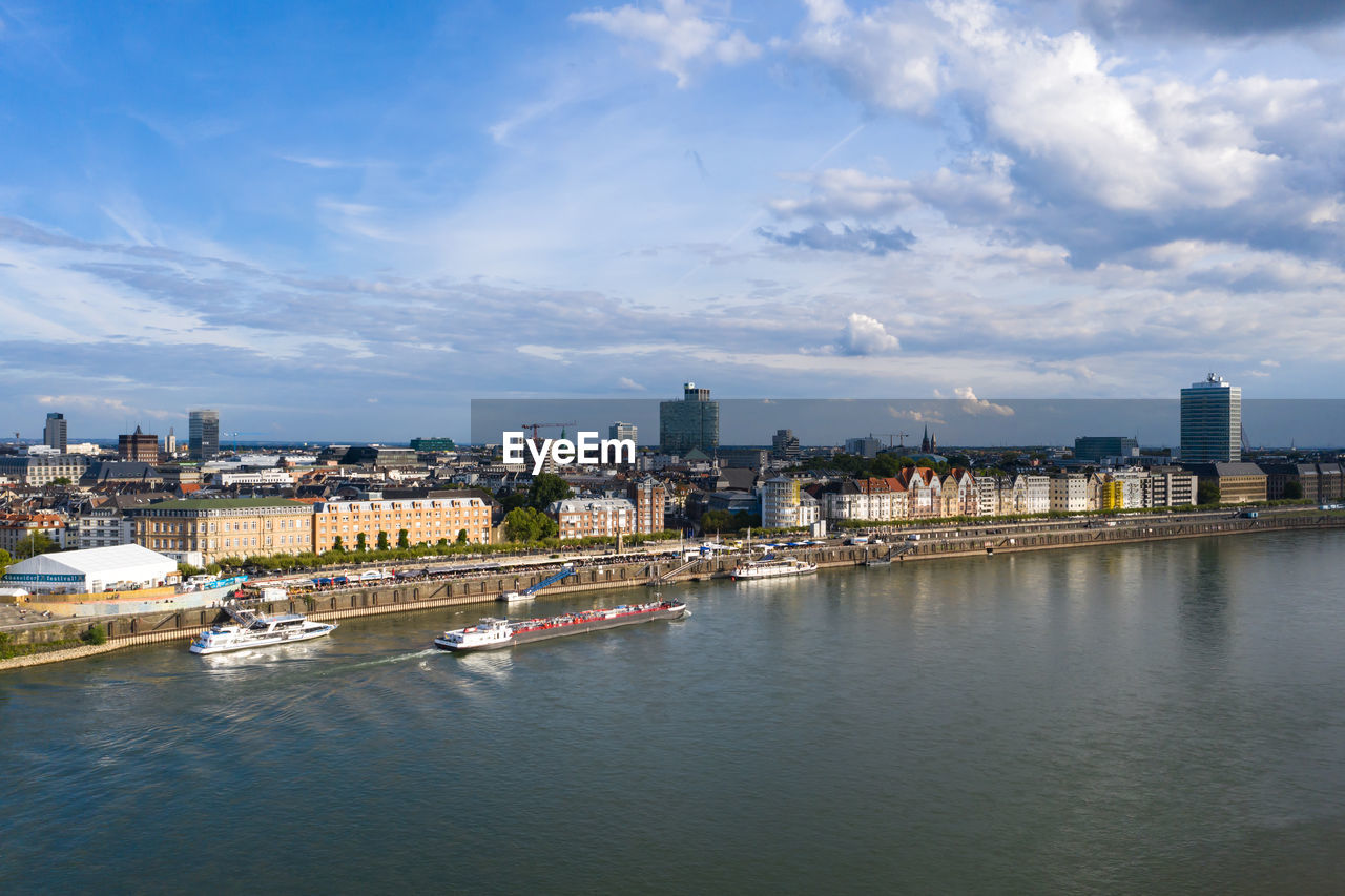 River rhine in düsseldorf from a bird's eye view, drone photography