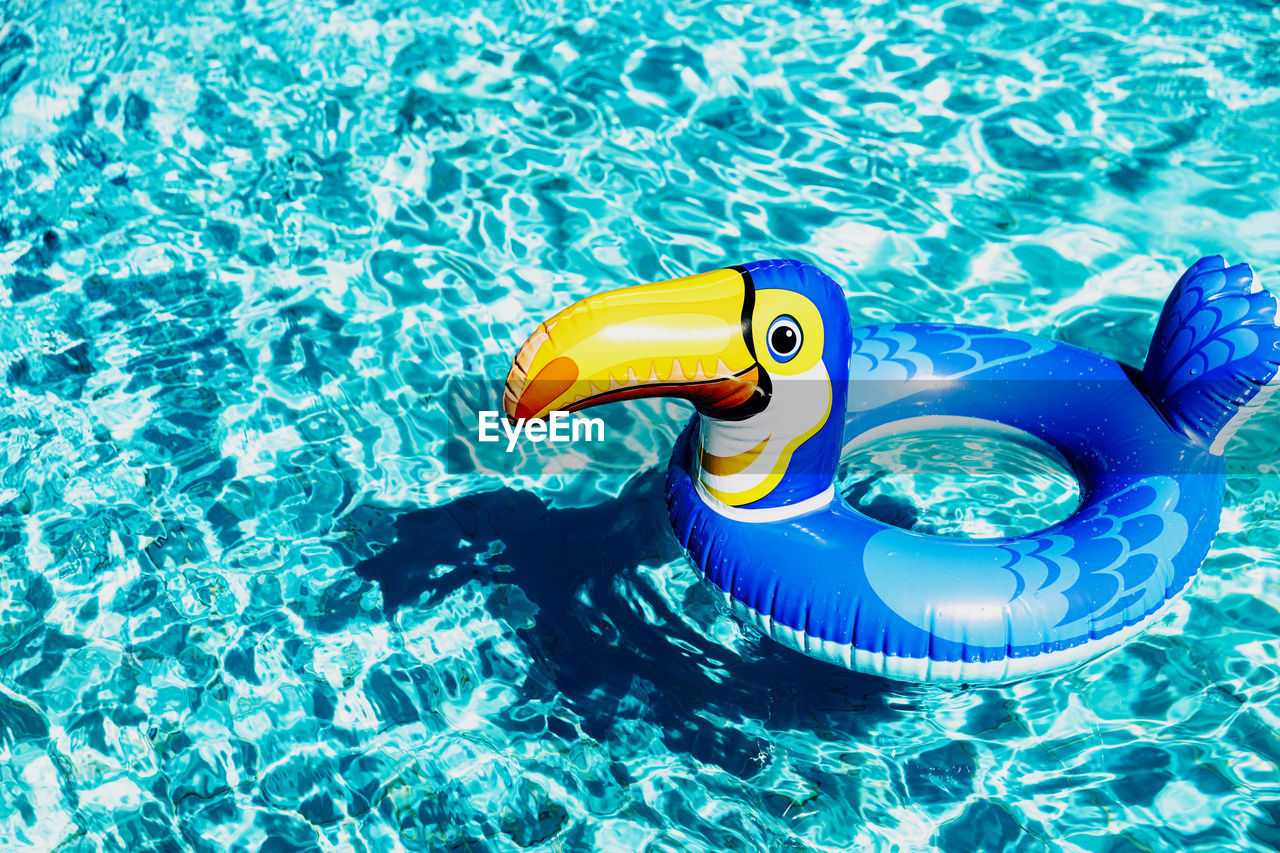 Children's inflatable lifebuoy swim ring floats on the water in the pool