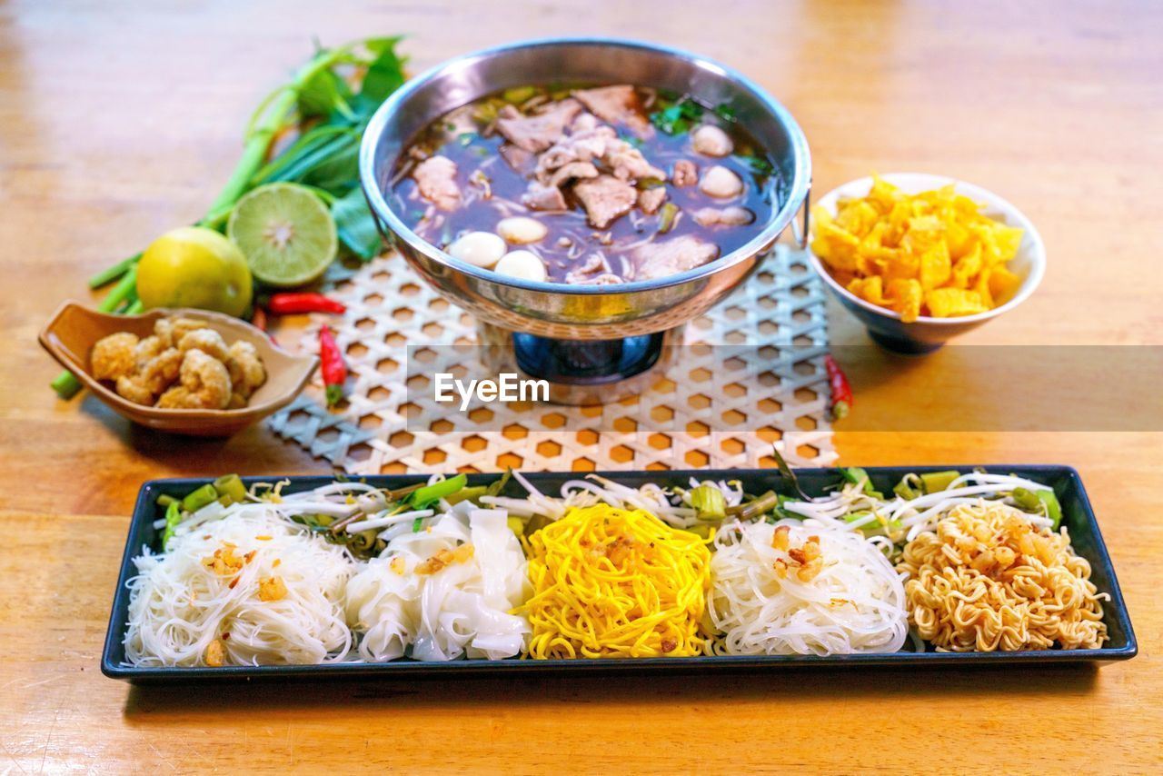 high angle view of food served on table