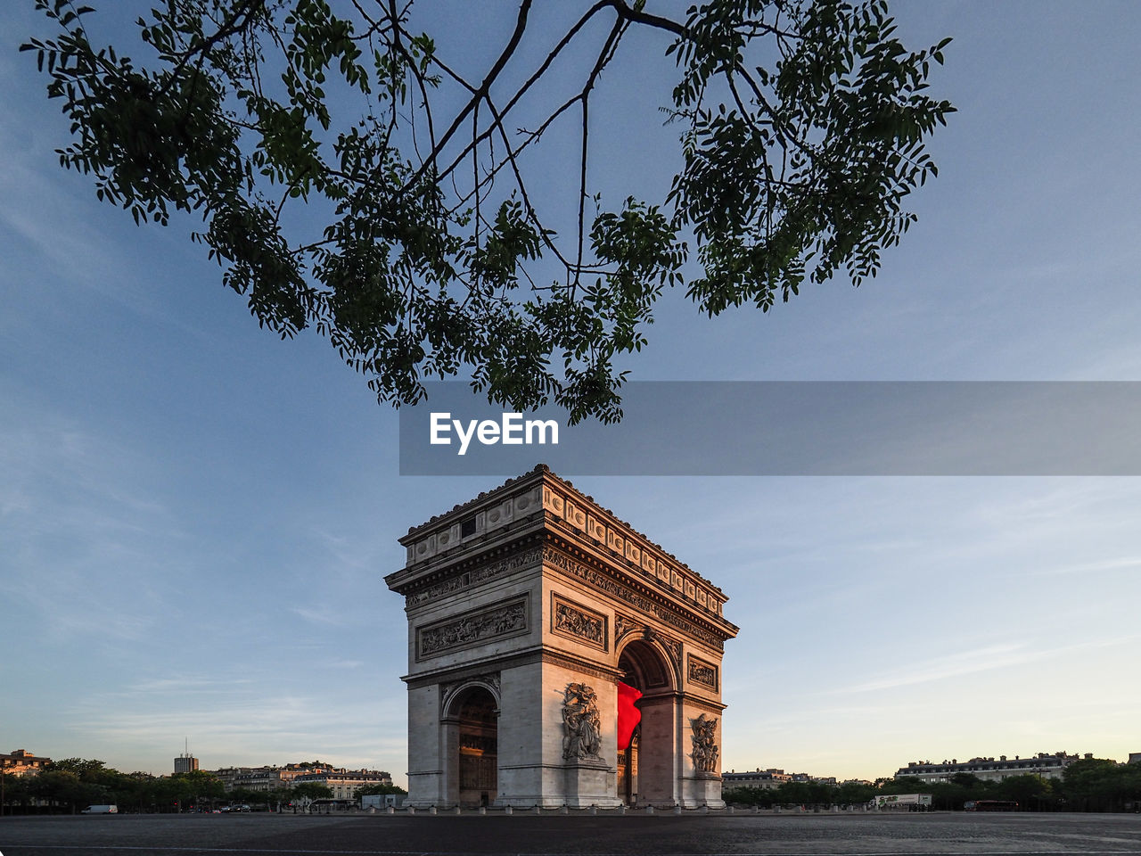 Empty arc de triomphe, paris, france, early morning with sunrise