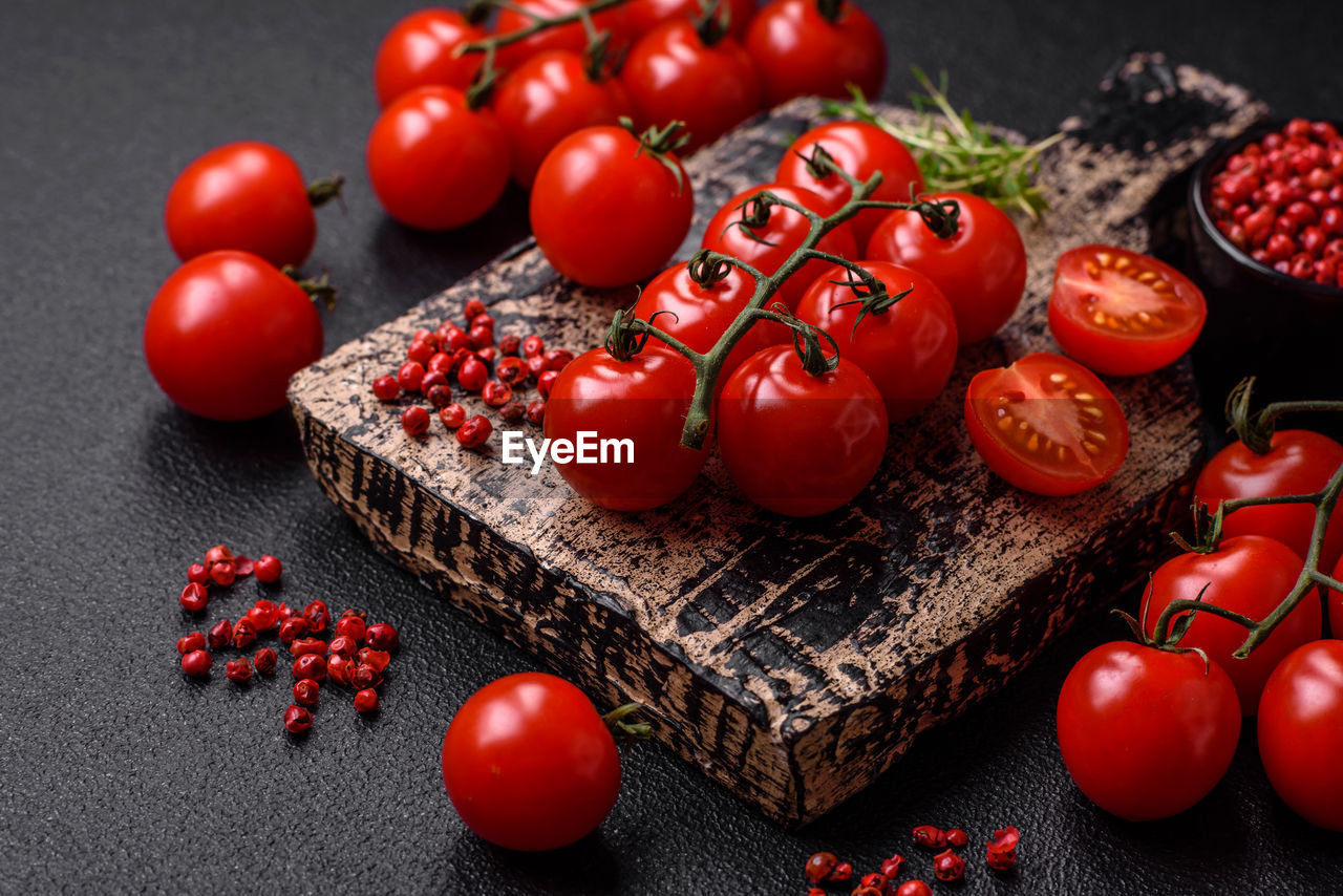 tomato, red, food, food and drink, fruit, healthy eating, vegetable, plant, produce, freshness, wellbeing, cherry tomato, plum tomato, studio shot, no people, indoors, cherry, ingredient, still life, large group of objects