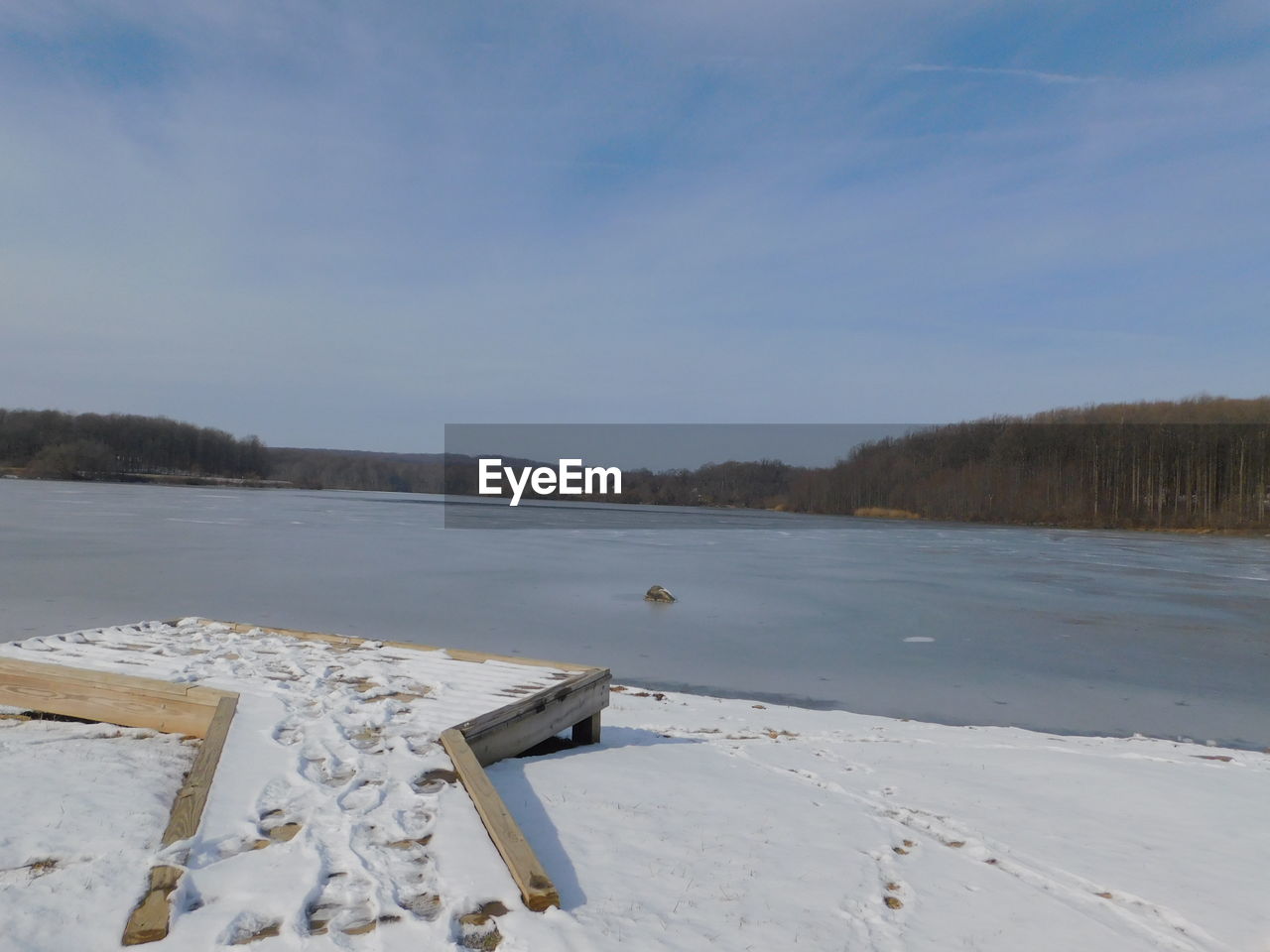 FROZEN LAKE AGAINST SKY DURING WINTER