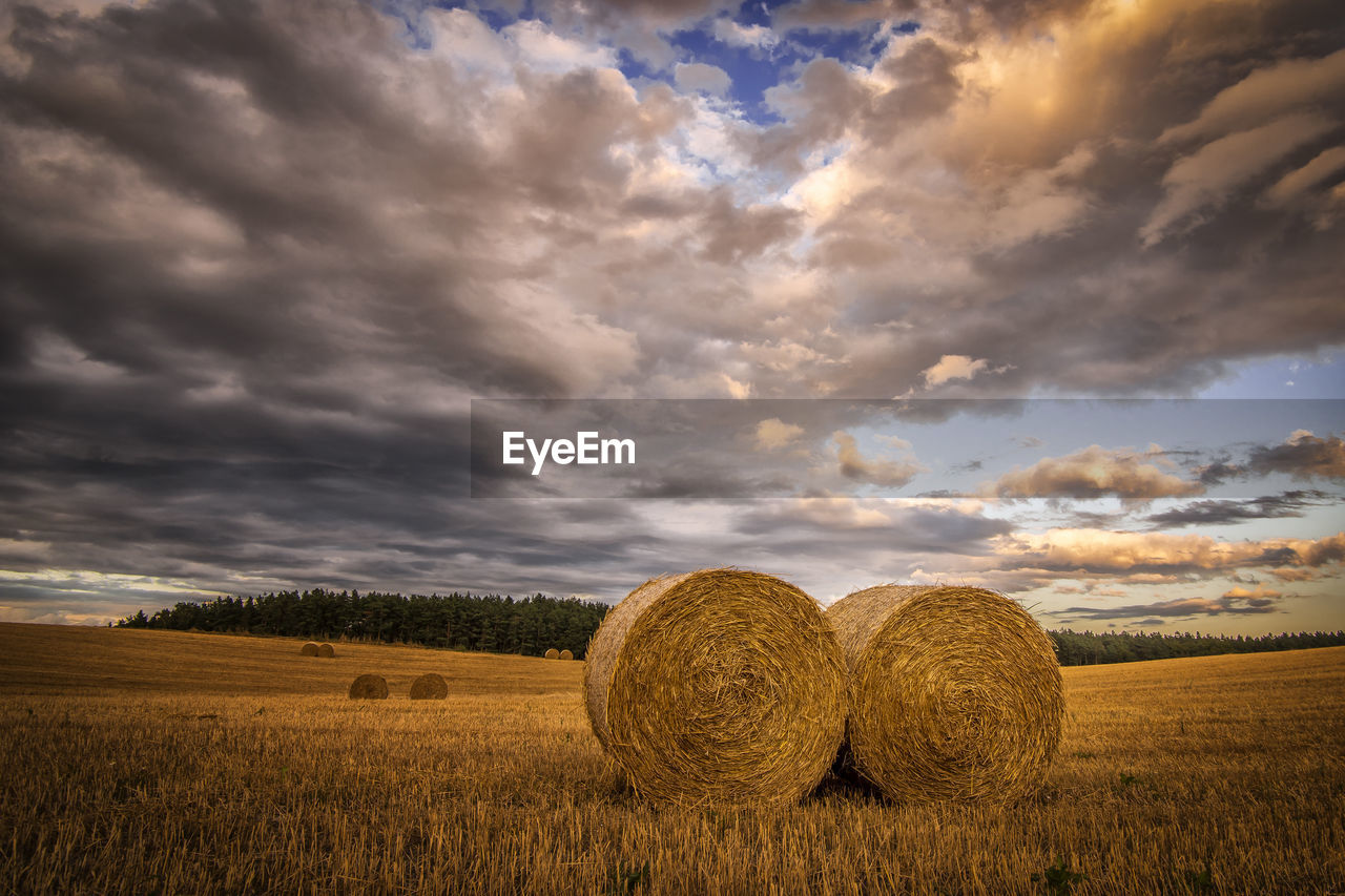 Hay bales on field against cloudy sky
