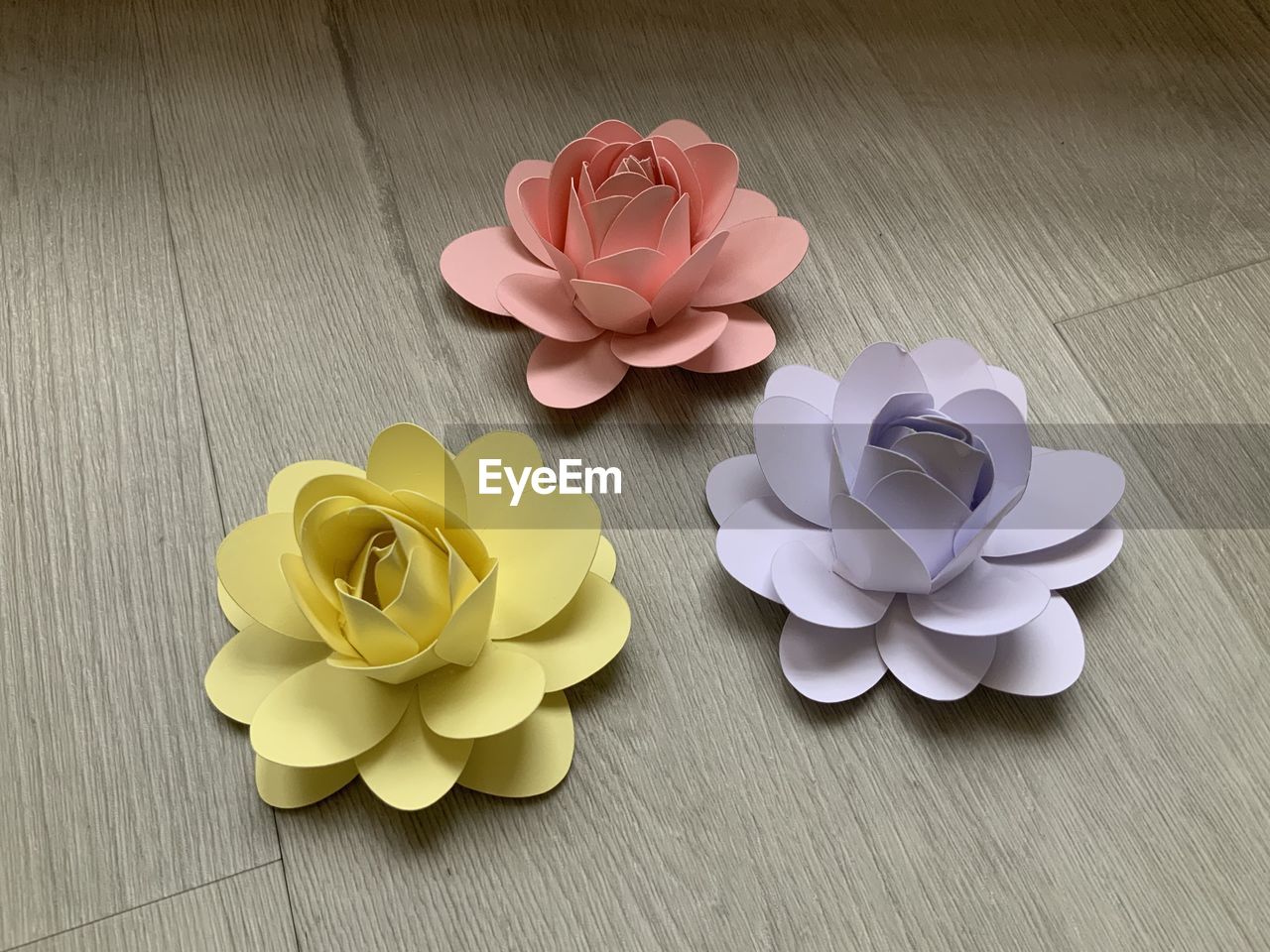 High angle view of paper flowers on table