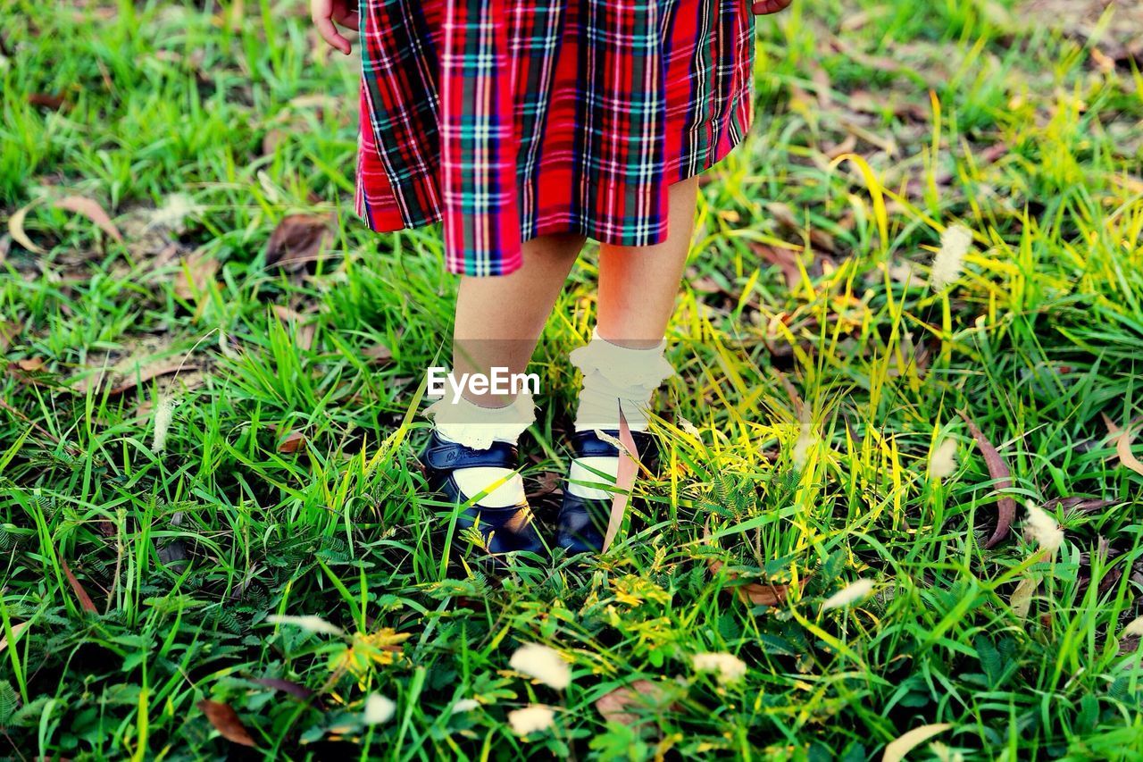 Low section of girl standing on grassy field