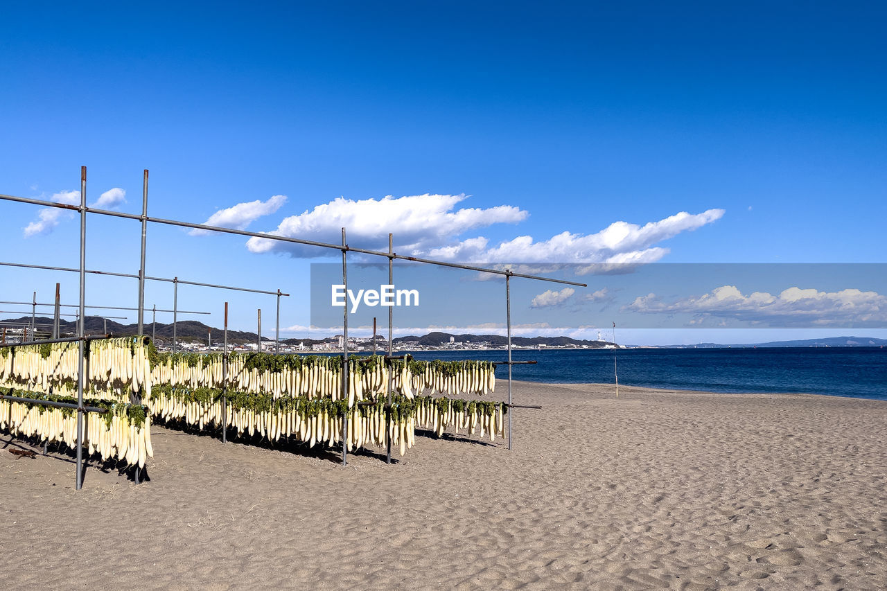 Scenic view of beach against blue sky