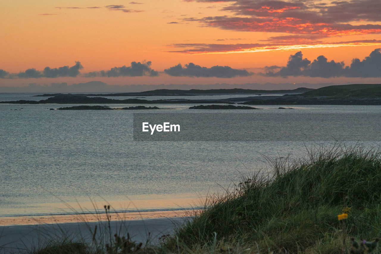 Scenic view of beach against dramatic sky