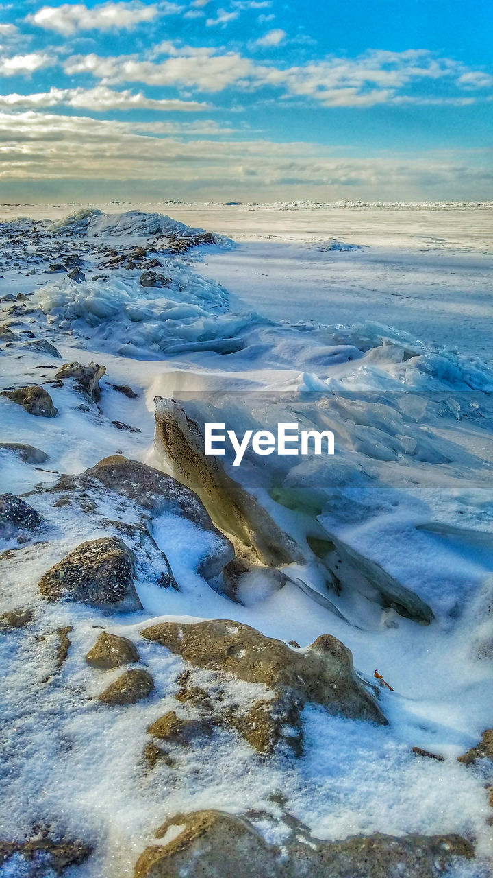 AERIAL VIEW OF FROZEN SEA AGAINST SKY