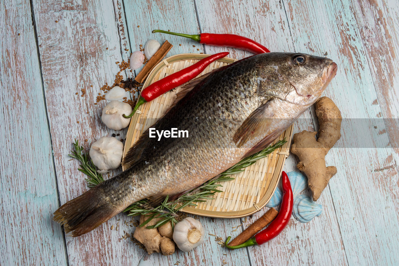 HIGH ANGLE VIEW OF FISH ON TABLE