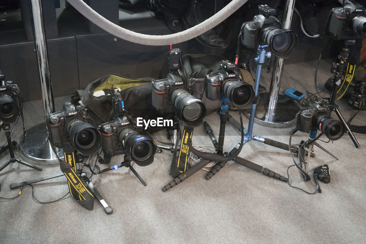 HIGH ANGLE VIEW OF BICYCLES IN GARAGE