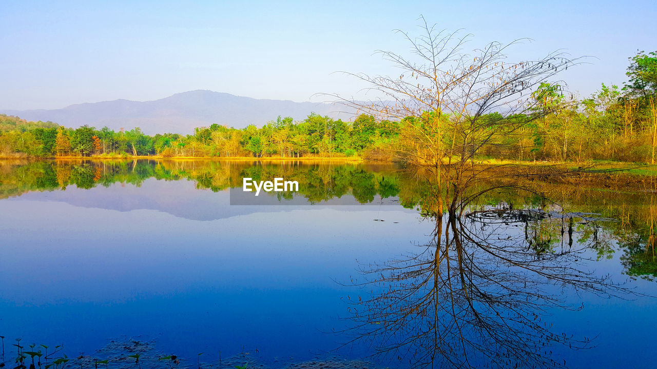 Scenic view of lake against clear sky