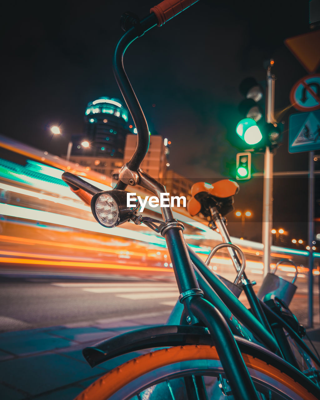 Close-up of bicycle at night