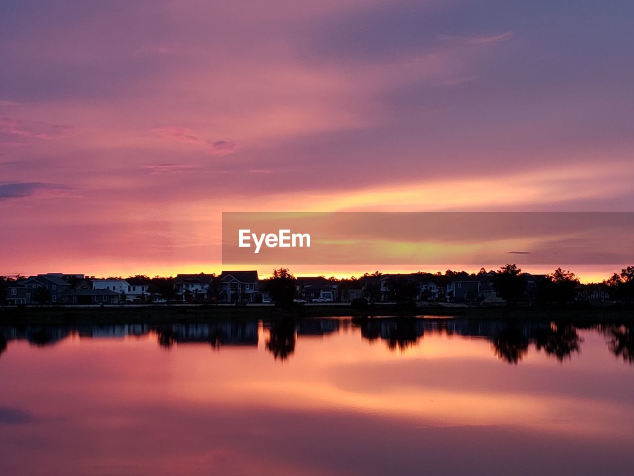 SCENIC VIEW OF LAKE AGAINST ORANGE SKY