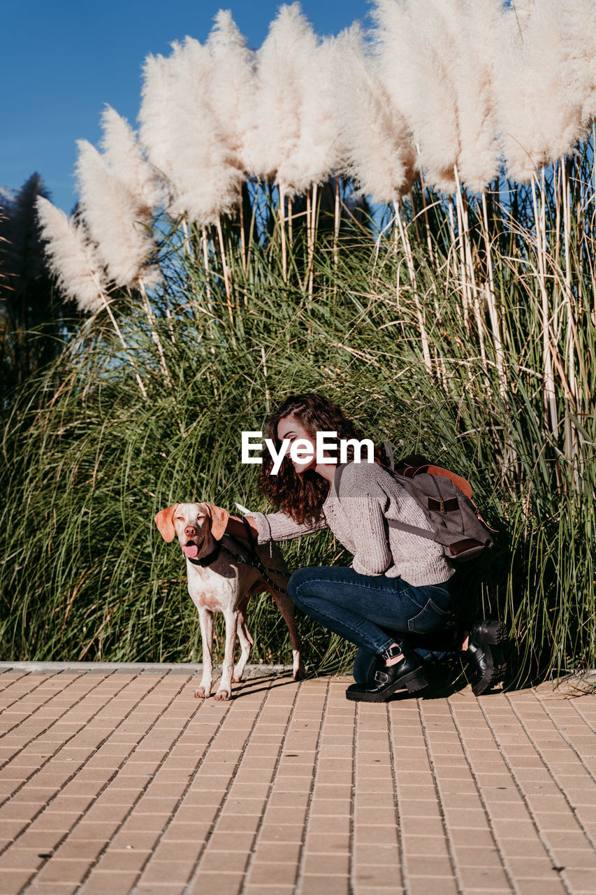 Woman with dog crouching on footpath by plants