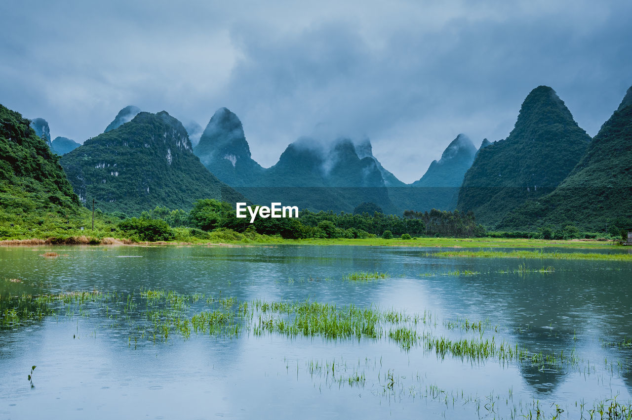 Scenic view of lake and mountains against sky