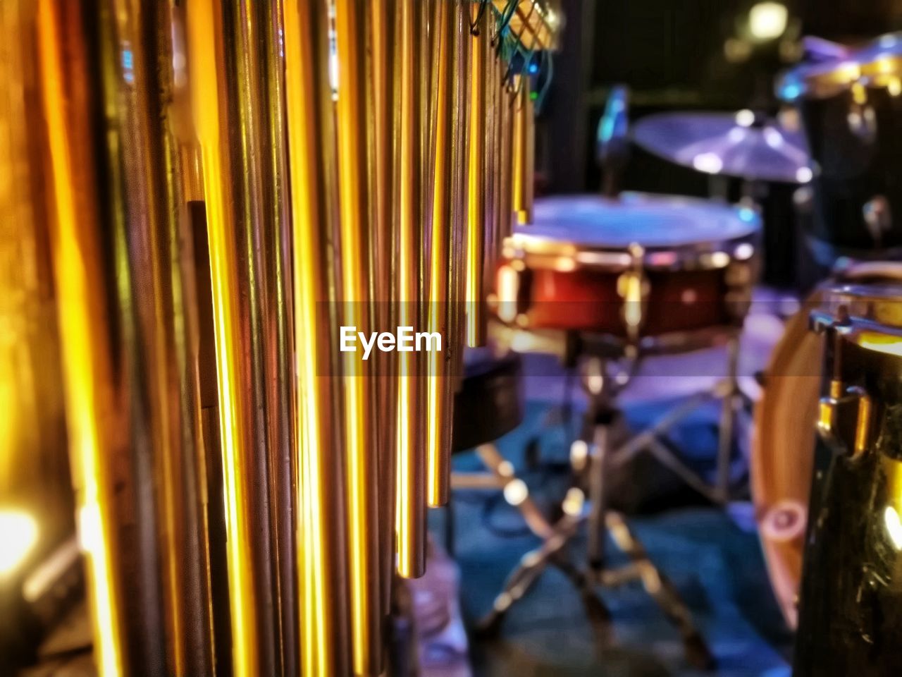 High angle view of musical equipment on stage