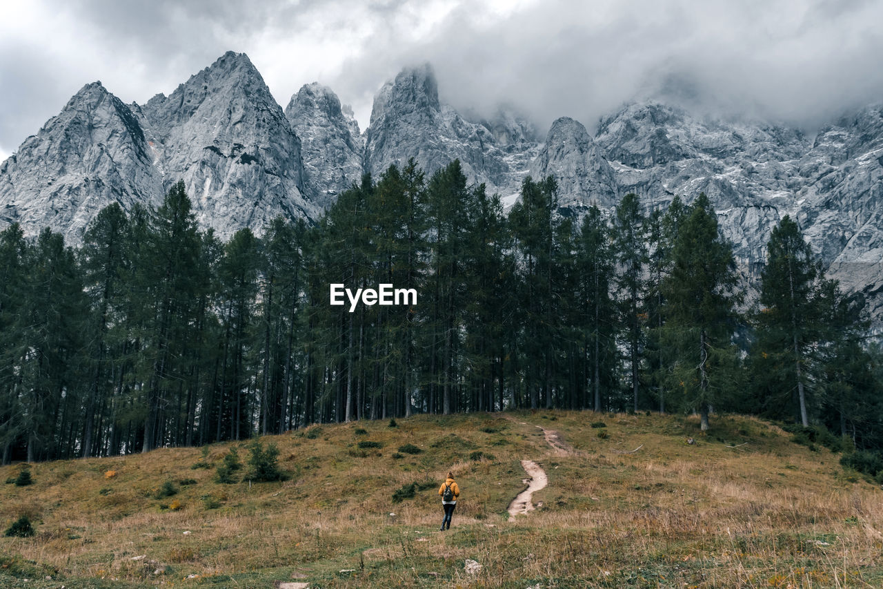 Female hiker on path leading to mysterious forest under misty mountains