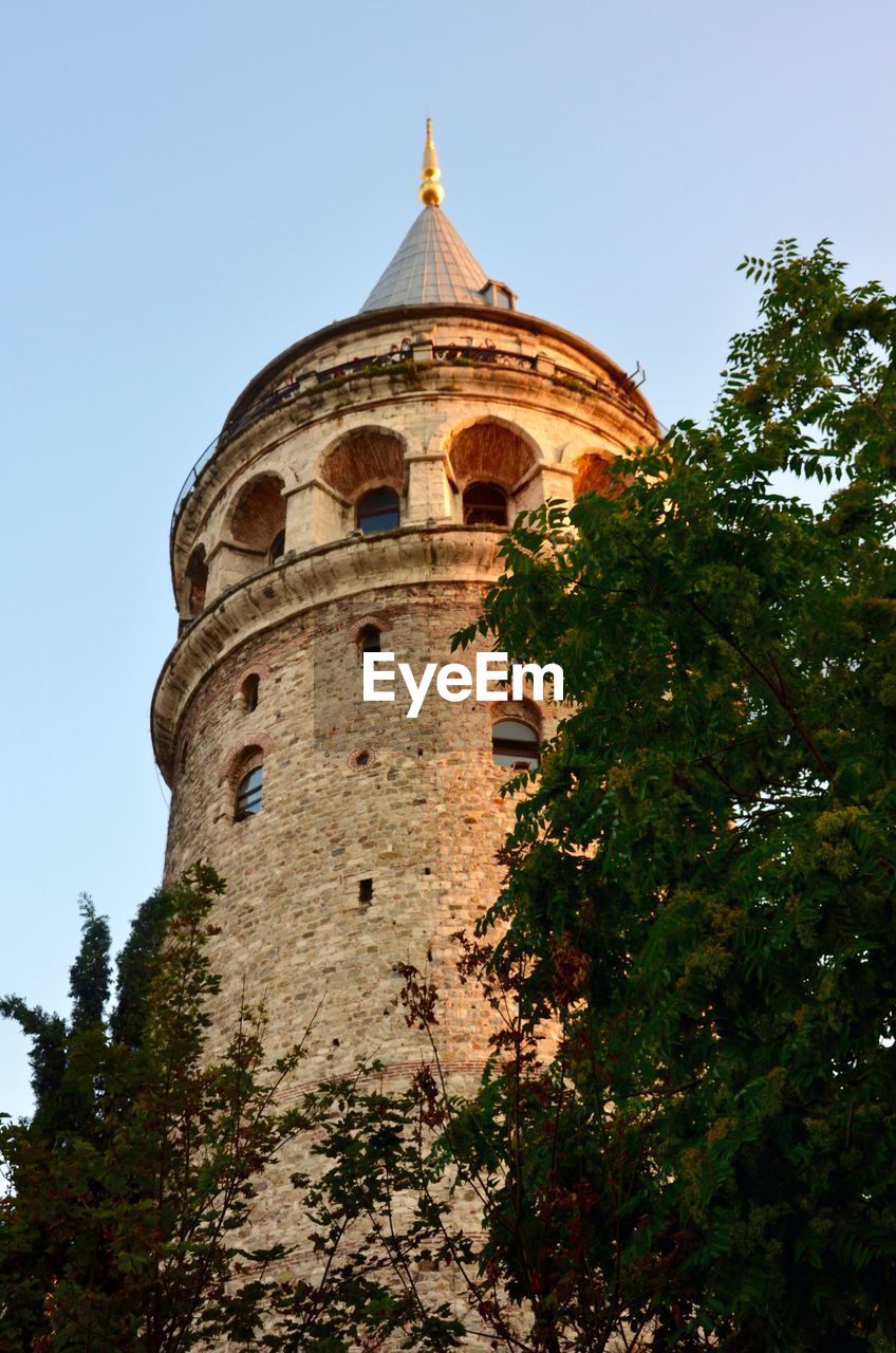 Low angle view of galata tower and trees against clear sky