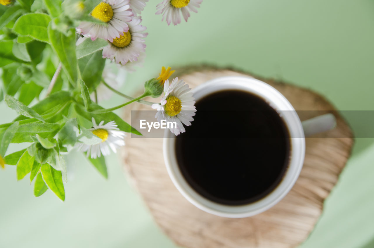 Directly above shot of coffee by flowers in vase on table