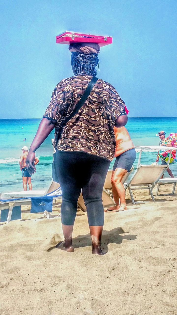 REAR VIEW OF PEOPLE ON BEACH