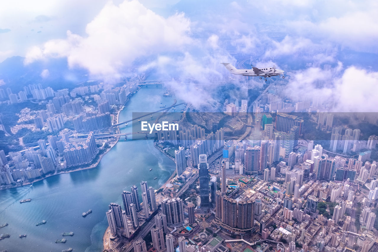 Hong kong skyline aerial. view at tsing tsuen road and tsing yi island. 