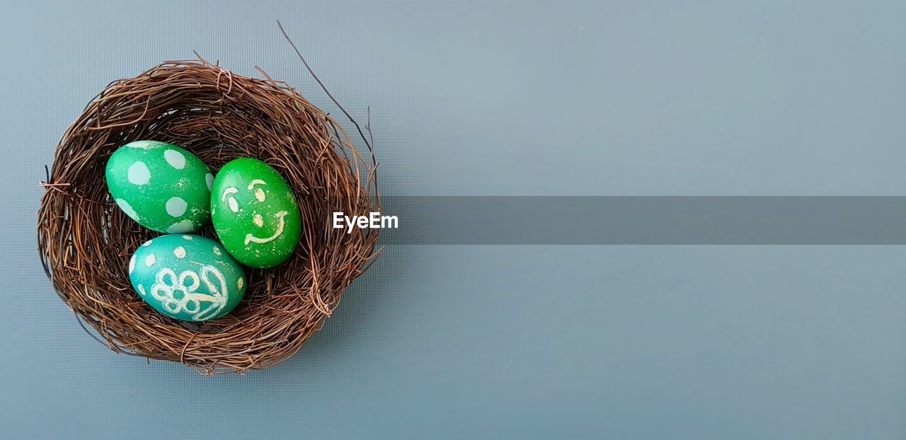 Close-up of eggs in a easter nest