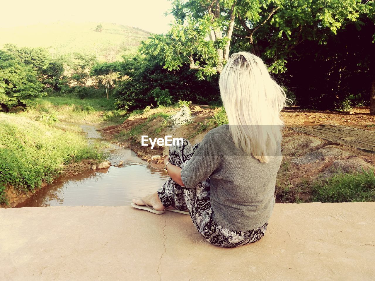 Rear view of woman sitting by stream at park