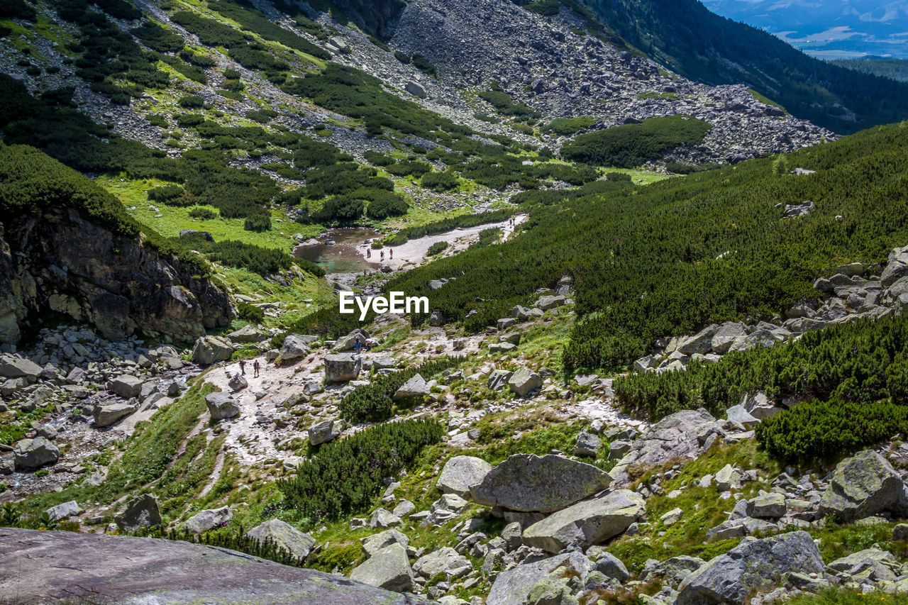 High angle view of stream amidst rocks