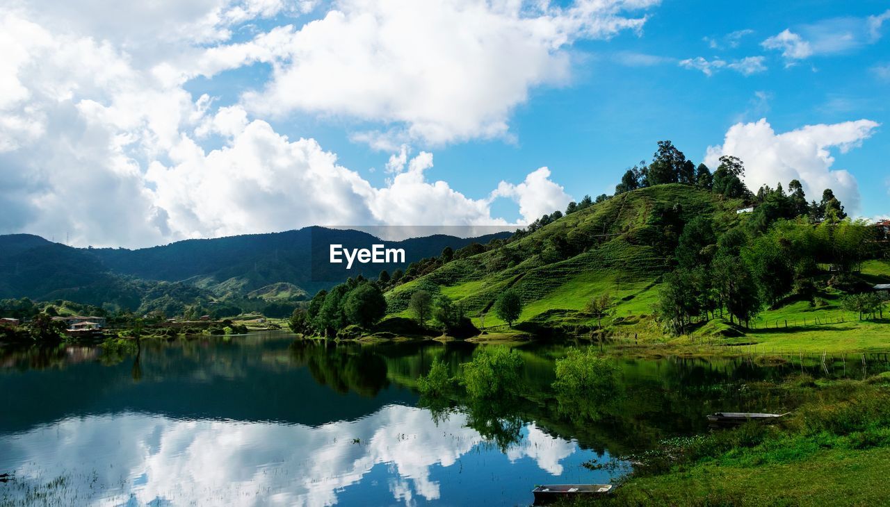 PANORAMIC VIEW OF LAKE AND MOUNTAINS AGAINST SKY