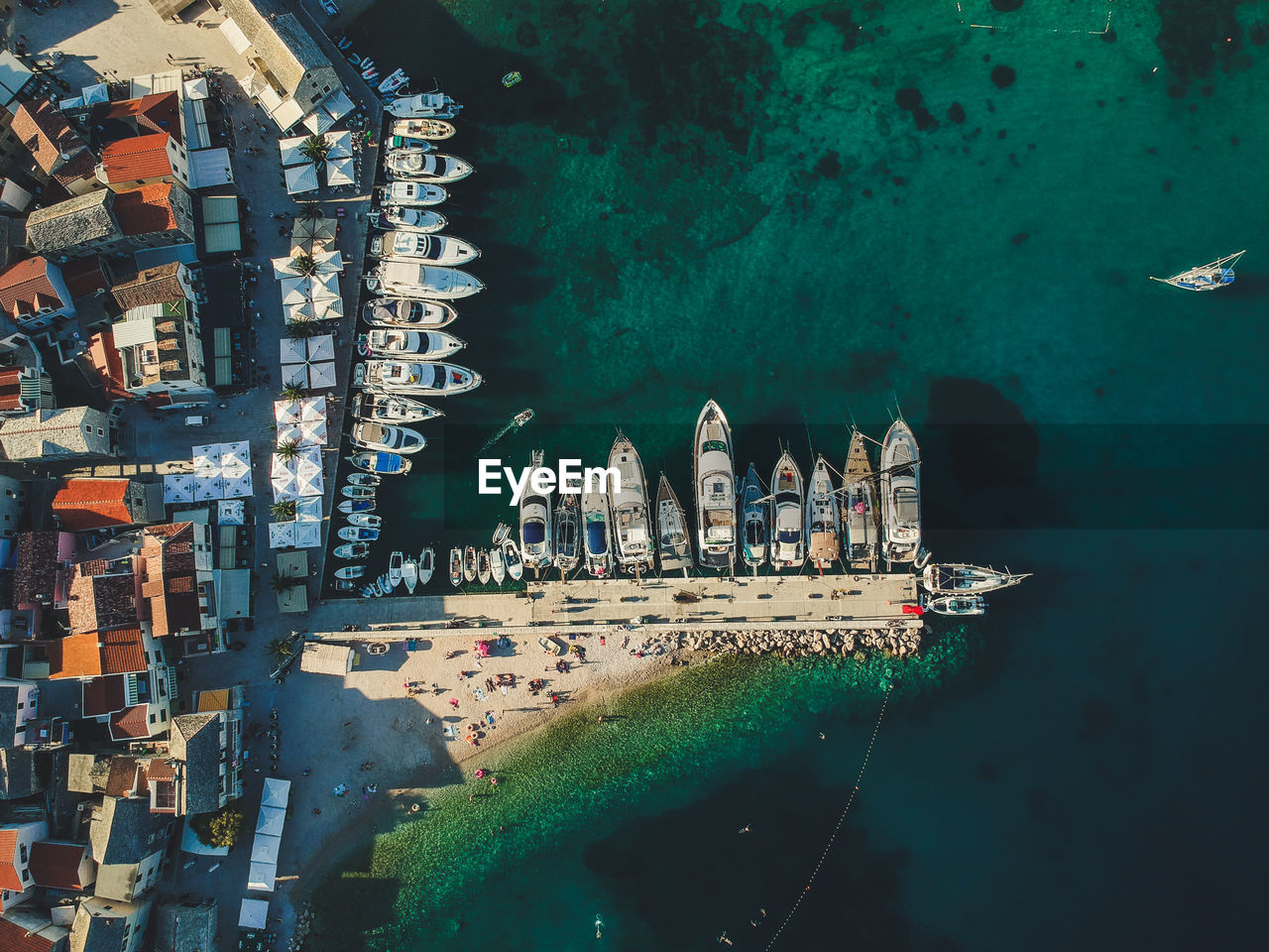 Aerial view of buildings by river