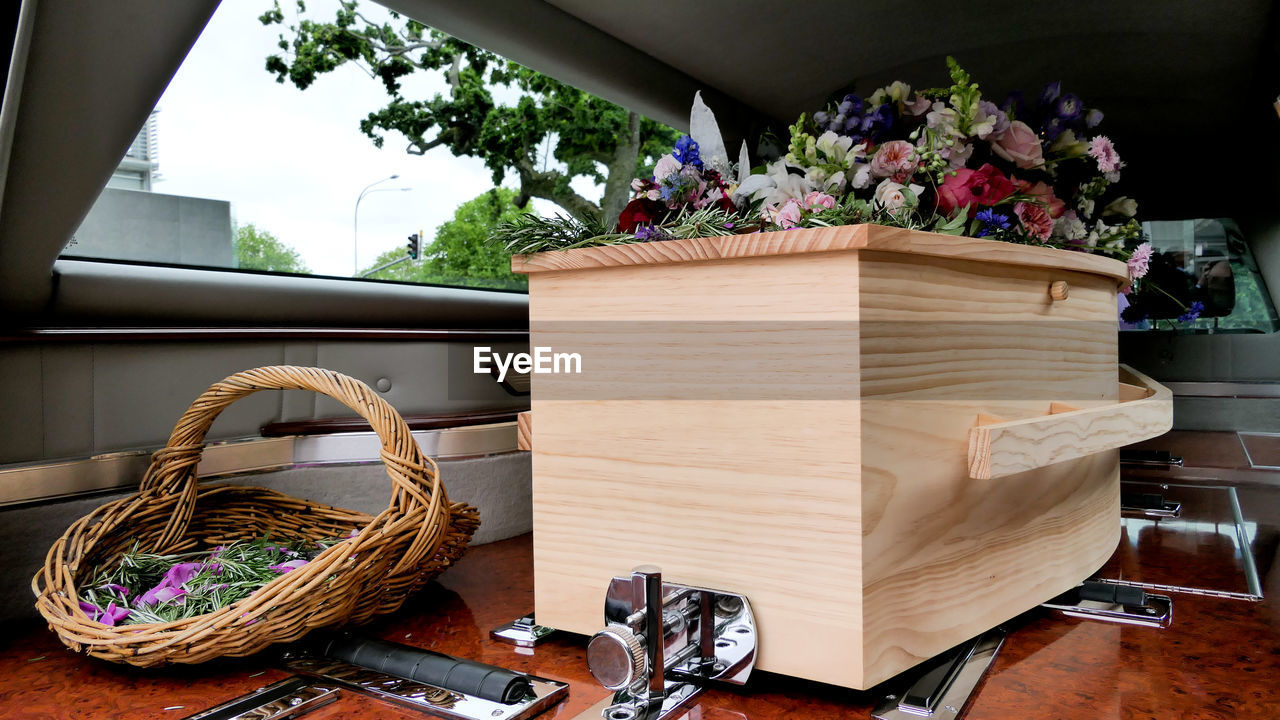 View of coffin in car