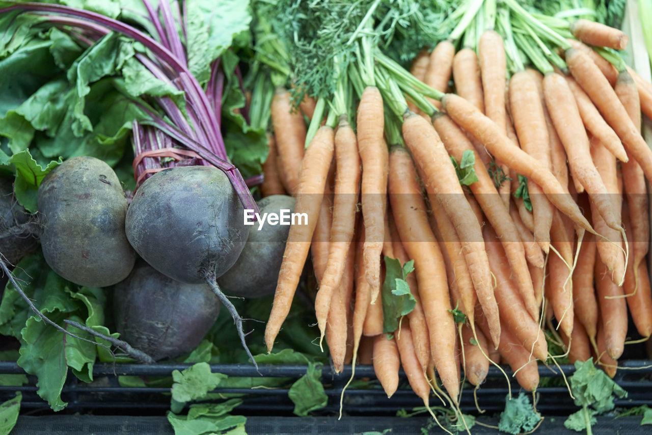 High angle view of vegetables for sale at market stall