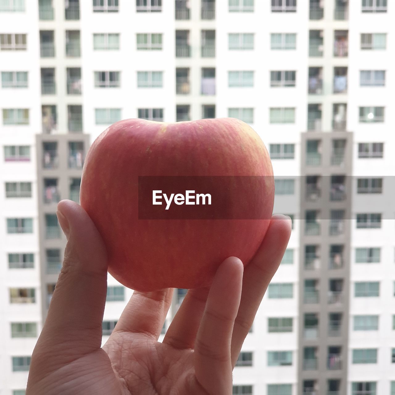 Close-up of hand holding apple against building