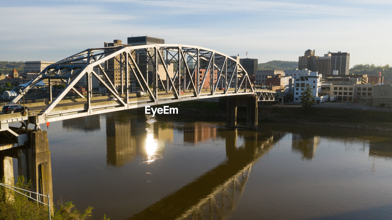 BRIDGE OVER RIVER BY BUILDINGS AGAINST SKY