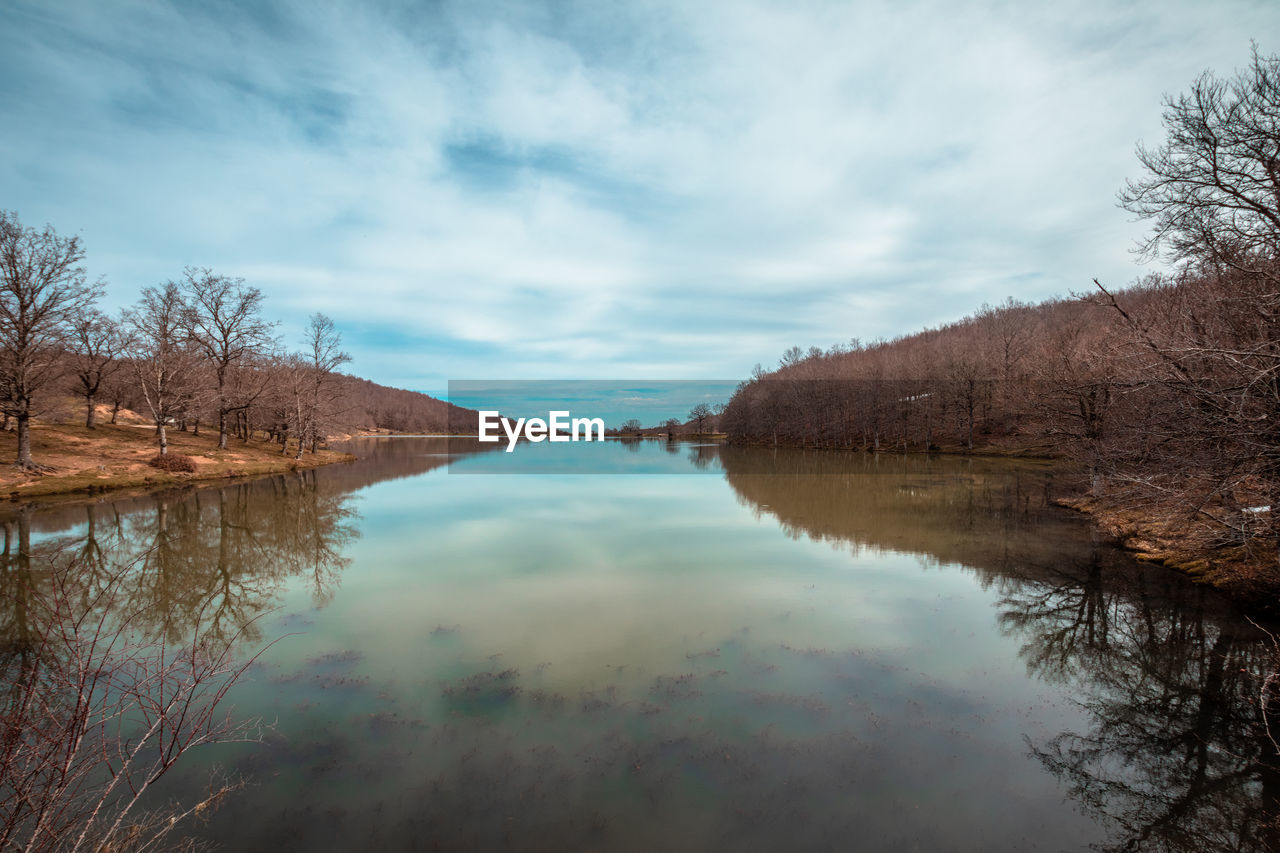 Scenic view of lake by trees against sky