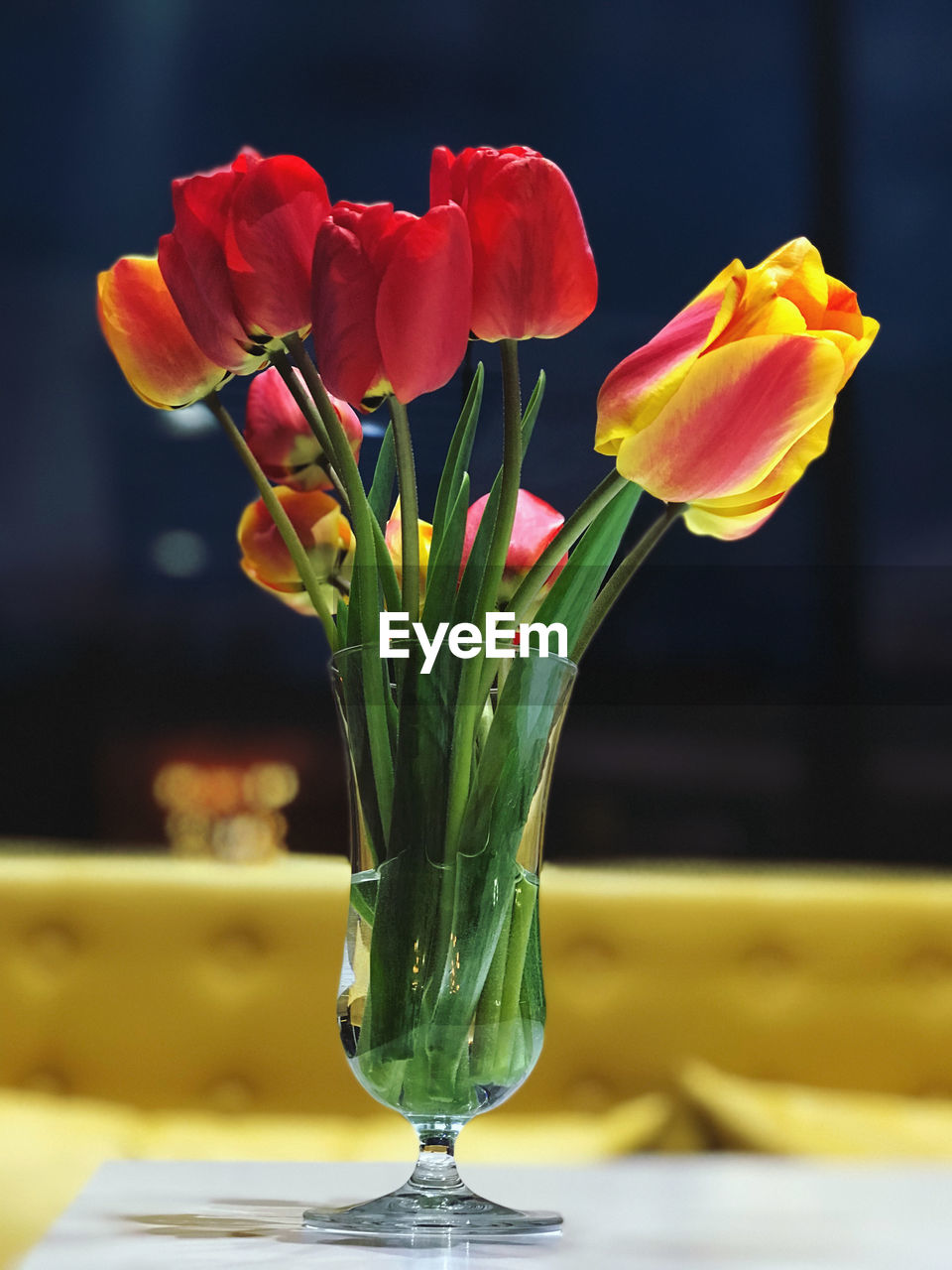 flower, flowering plant, plant, freshness, yellow, vase, beauty in nature, nature, tulip, flower arrangement, flower head, floristry, close-up, indoors, table, fragility, no people, arrangement, bouquet, focus on foreground, inflorescence, petal, bunch of flowers, cut flowers, glass, still life, floral design, decoration, centrepiece, red, rose