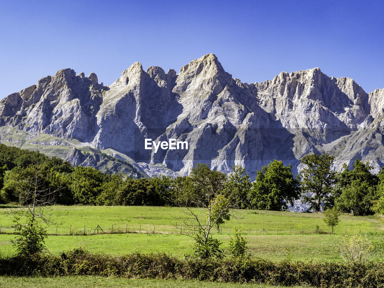 Scenic view of landscape and mountains against clear sky