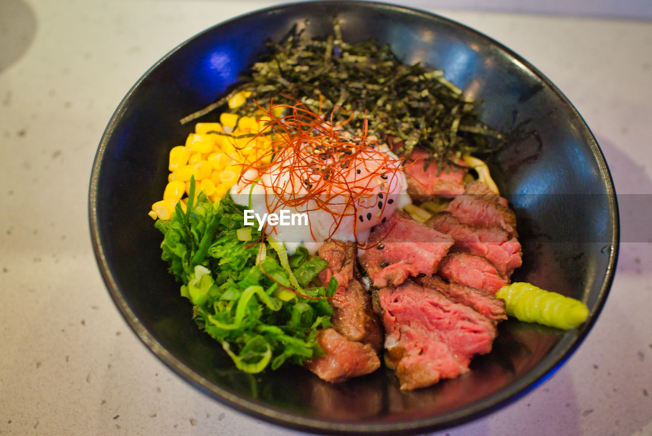 High angle view of mazesoba noodle in a bowl on table